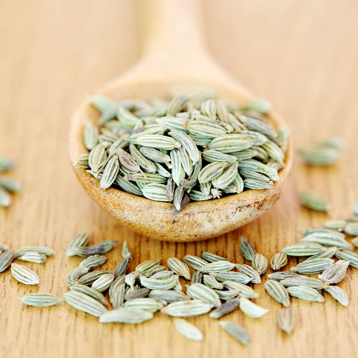 Fennel seeds in a wooden spoon