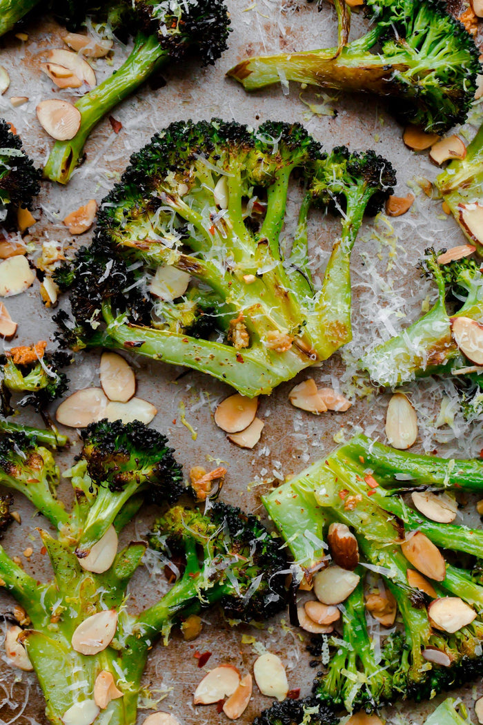 Roasted Broccoli with Toasted Almonds, Lemon & Poivre Bleu Pecorino