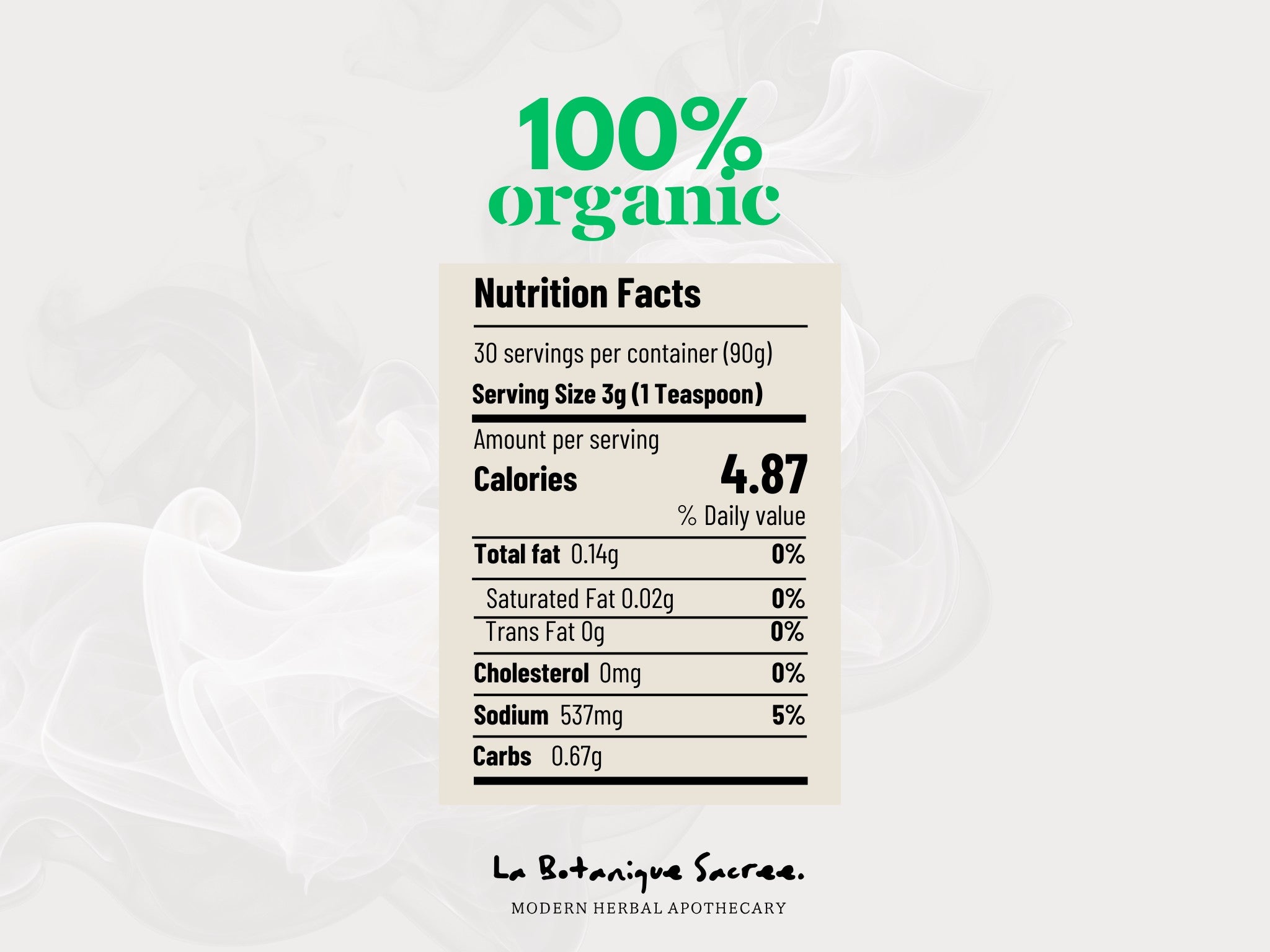 Nutrition facts label for a product from La Botanique Sacré, with '100% organic' text above.