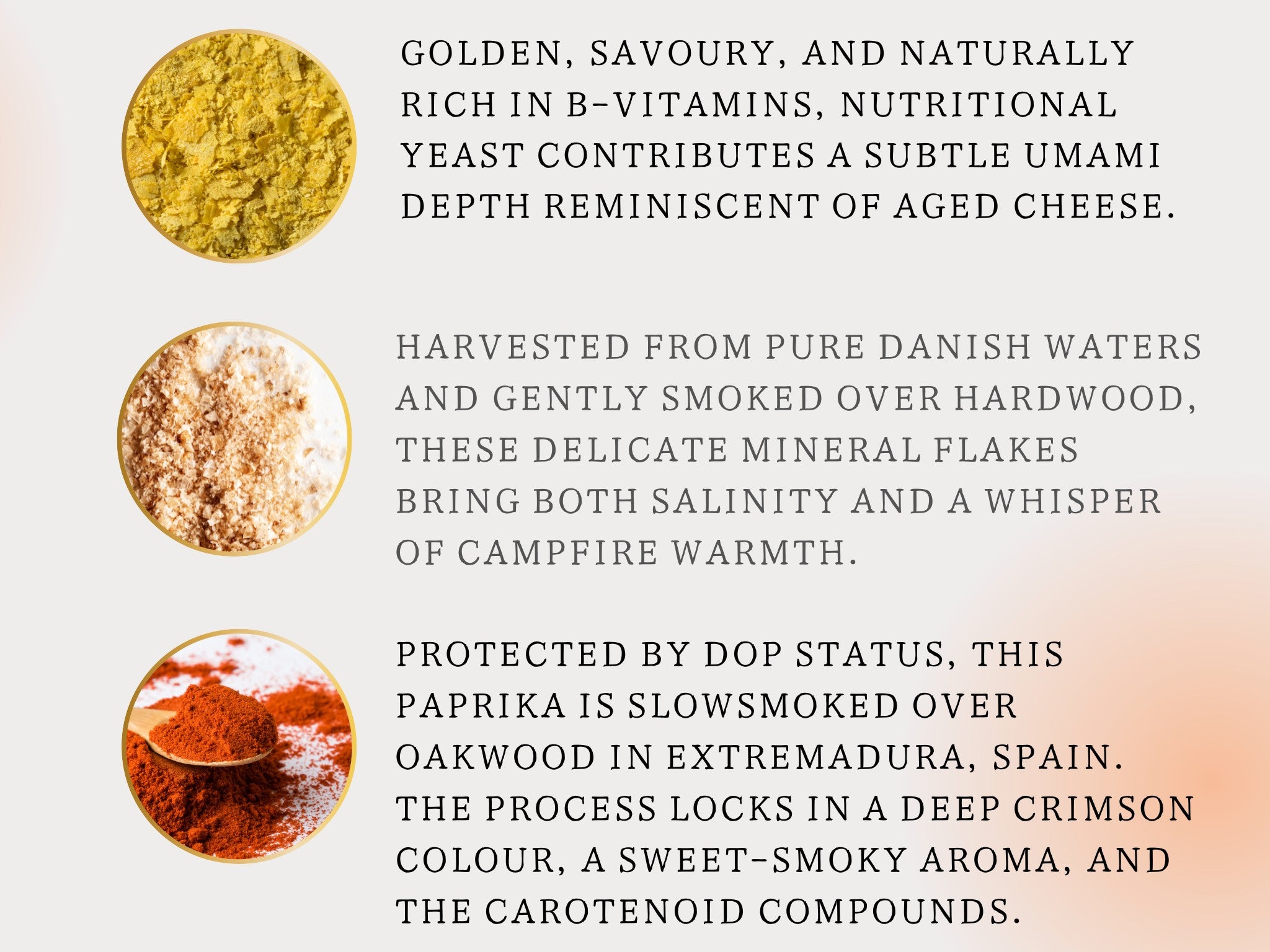 Text about nutritional yeast, smoked paprika, and their properties on a white background.