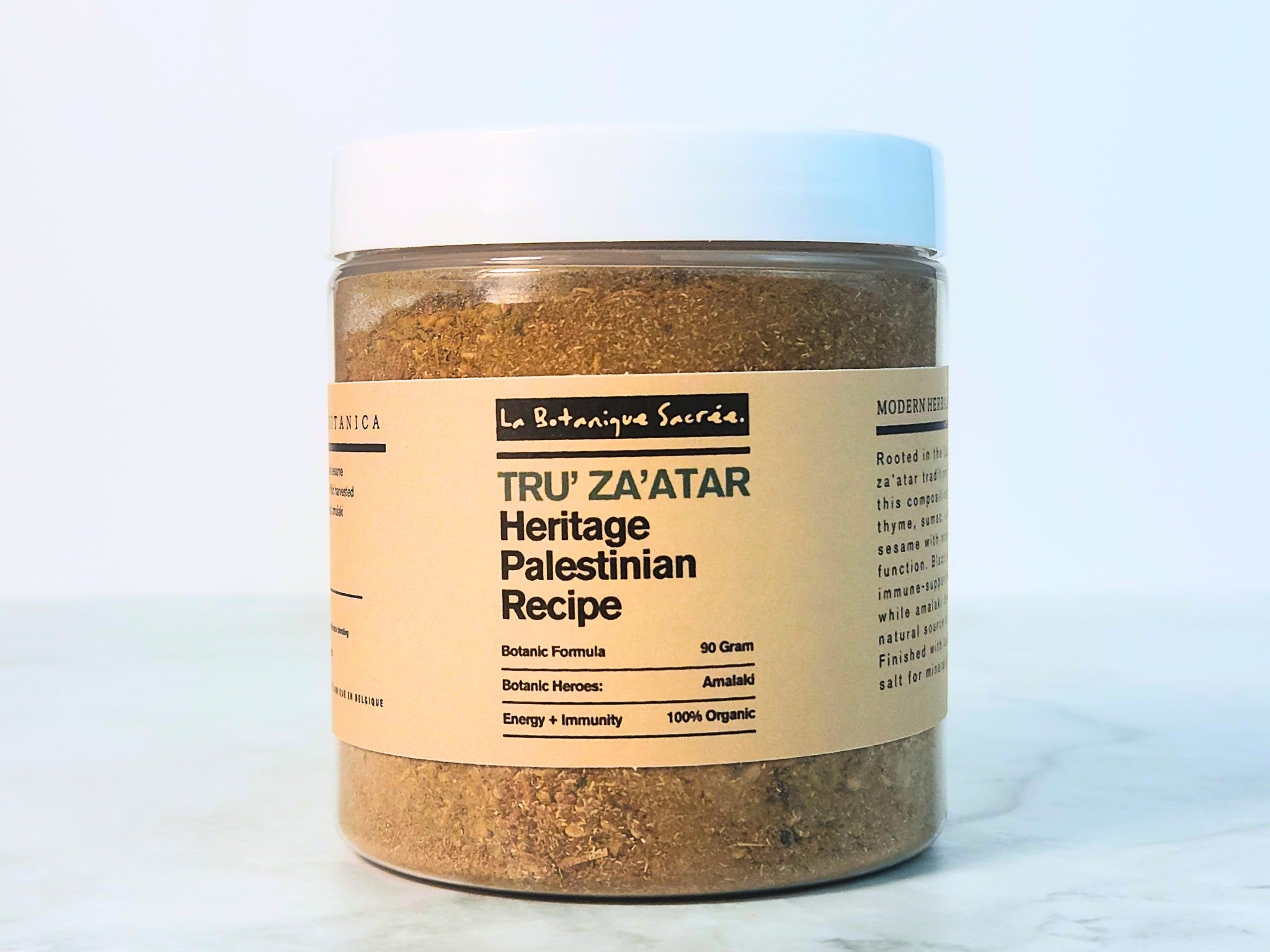 Jar of TRU' ZA'ATAR Heritage Palestinian Recipe on a light background