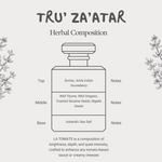 Diagram of Tru' Za'atar herbal composition with a bottle illustration and plant illustrations on a white background.