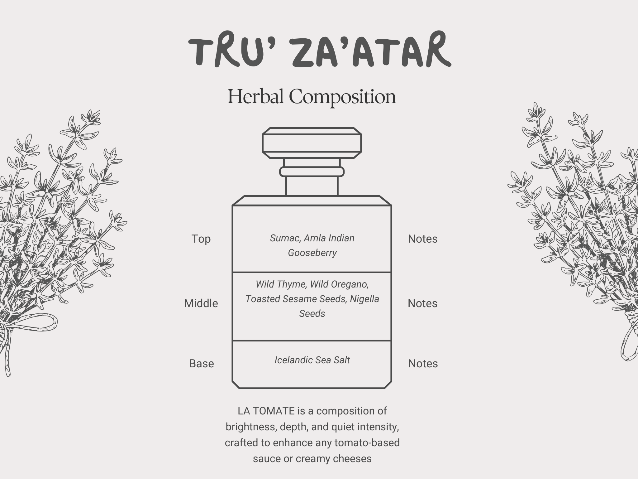Diagram of Tru' Za'atar herbal composition with a bottle illustration and plant illustrations on a white background.