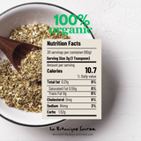 Herbal mix in a bowl with a wooden spoon and nutrition facts label on a white background